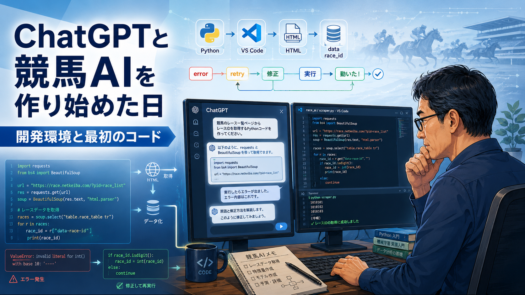 ChatGPTとPython、VS Codeを使い、エラー修正を繰り返しながら競馬AIの最初のコードを動かす技術者のイラスト