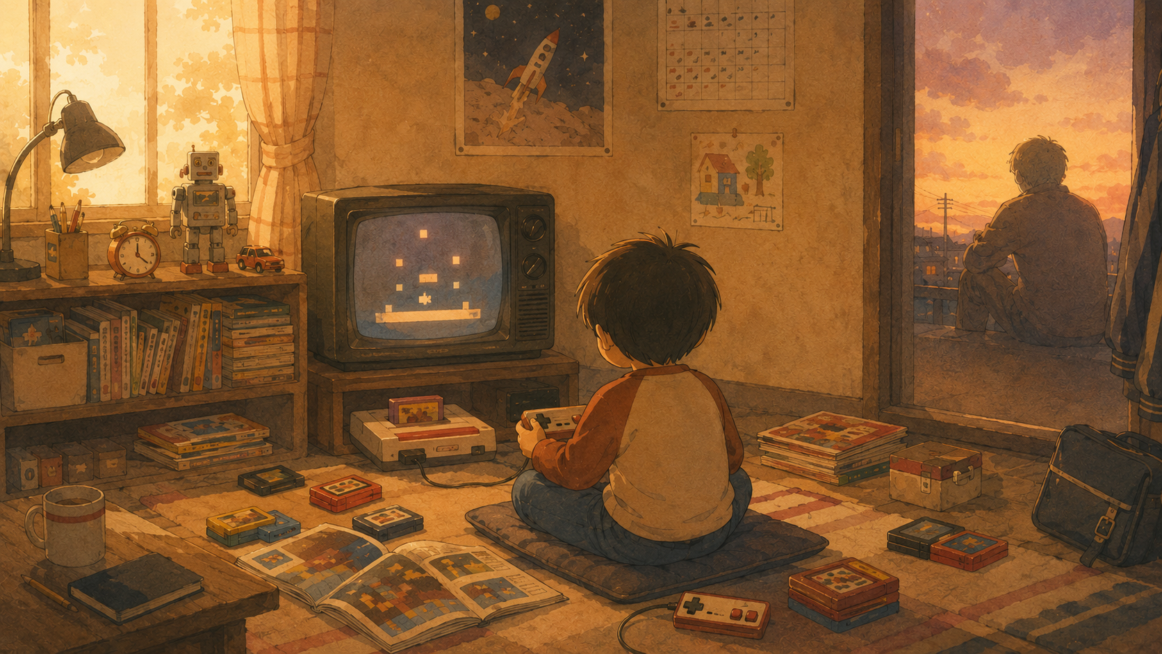 1980年代の子供部屋で、ブラウン管テレビの前に座ってゲームを遊ぶ子供と、その記憶を振り返る大人のシルエット