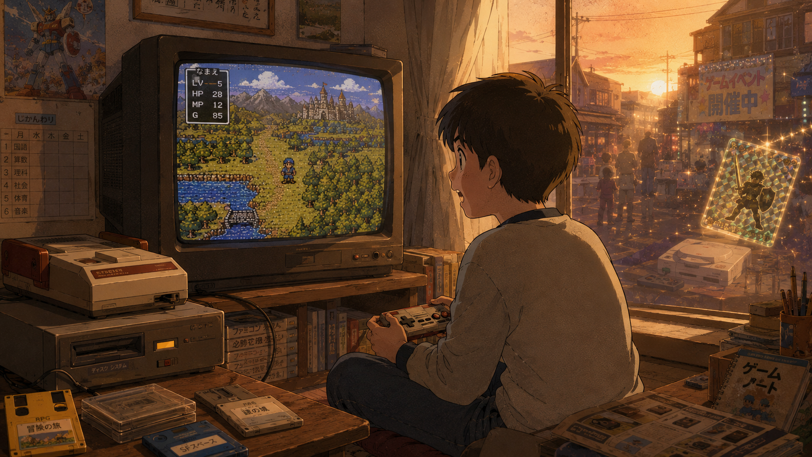 ファミコンとディスクシステムで遊ぶ少年の部屋から、窓の外にPCエンジン時代のゲームイベントの気配が見えている、1980年代後半のゲーム体験を描いたイラスト