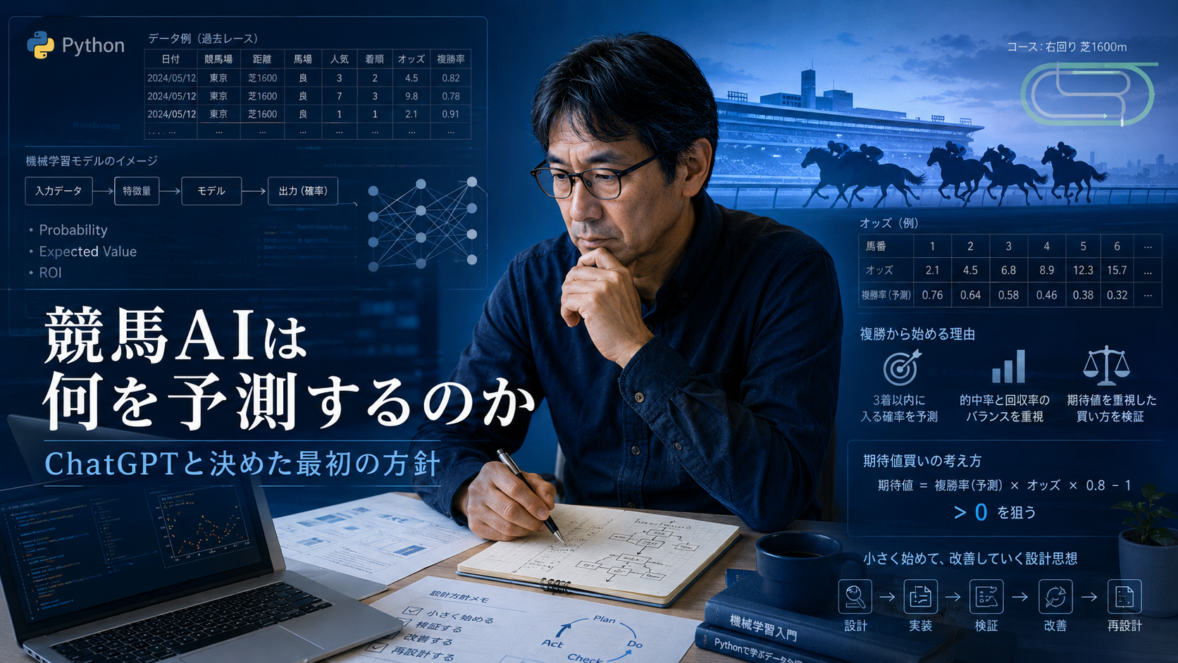 競馬AIの最初の方針を設計する技術者と、Python・期待値・ROI・競馬場を描いた青系のアイキャッチ