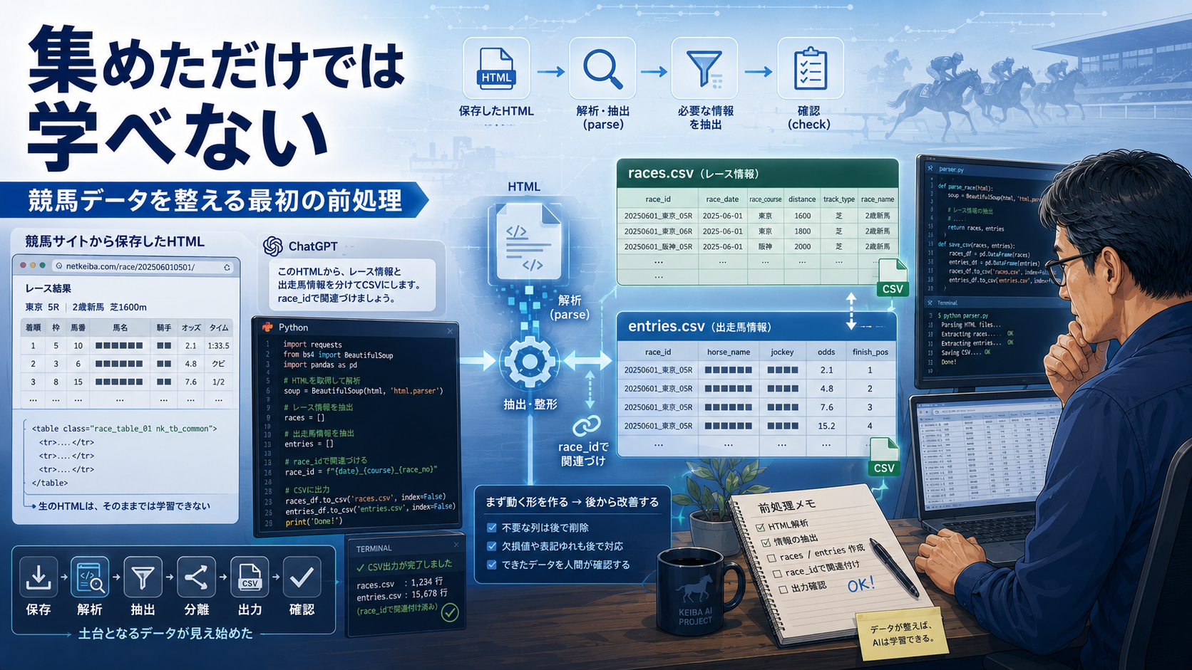 競馬サイトから保存したHTMLを解析し、レース情報と出走馬情報をraces.csvとentries.csvへ分けて整理する技術者のイラスト