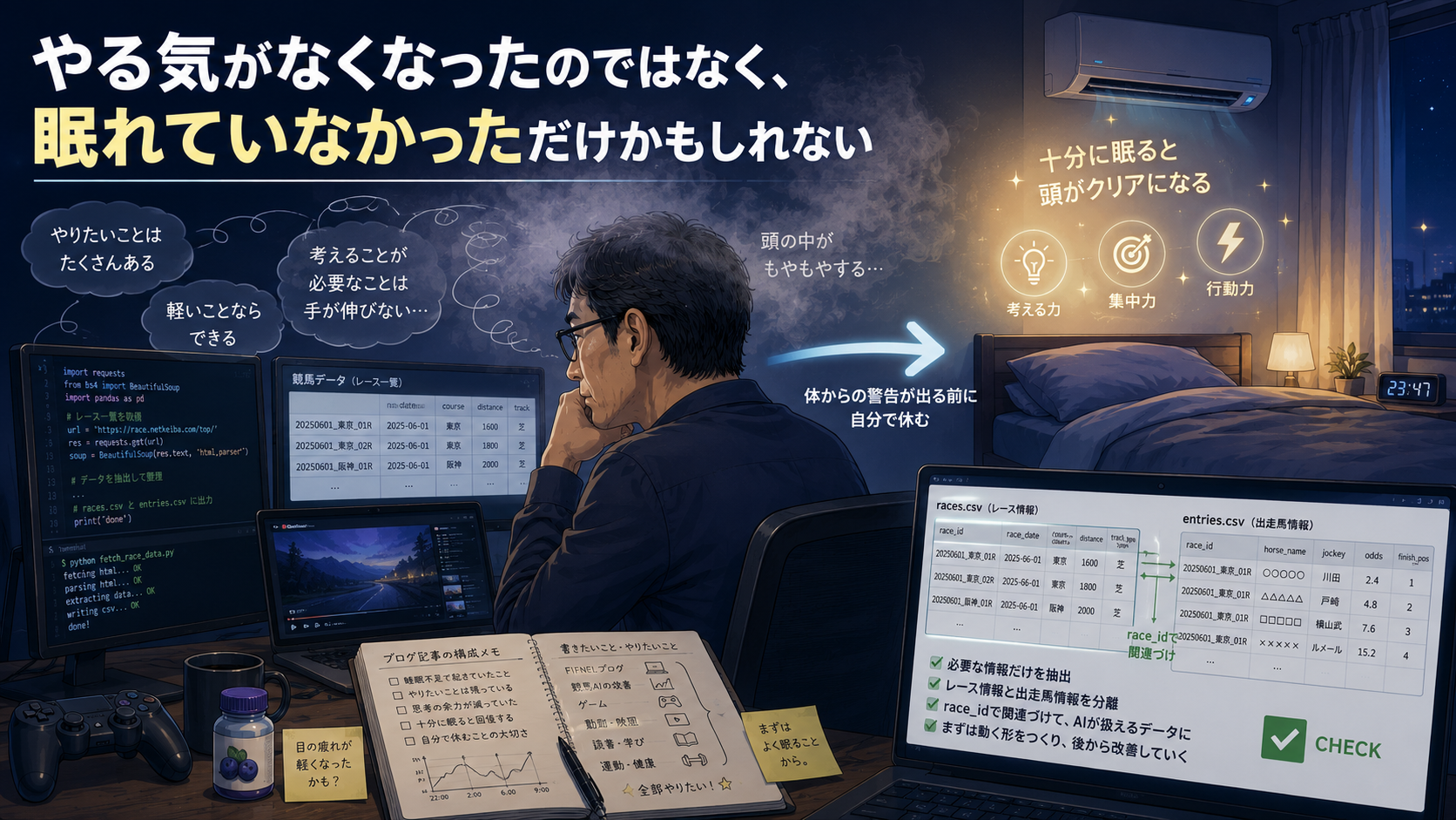夜の自宅で、パソコンや競馬AIのデータ、ゲーム機に囲まれて考え込む男性と、十分な睡眠で思考力が戻る様子を対比したイラスト