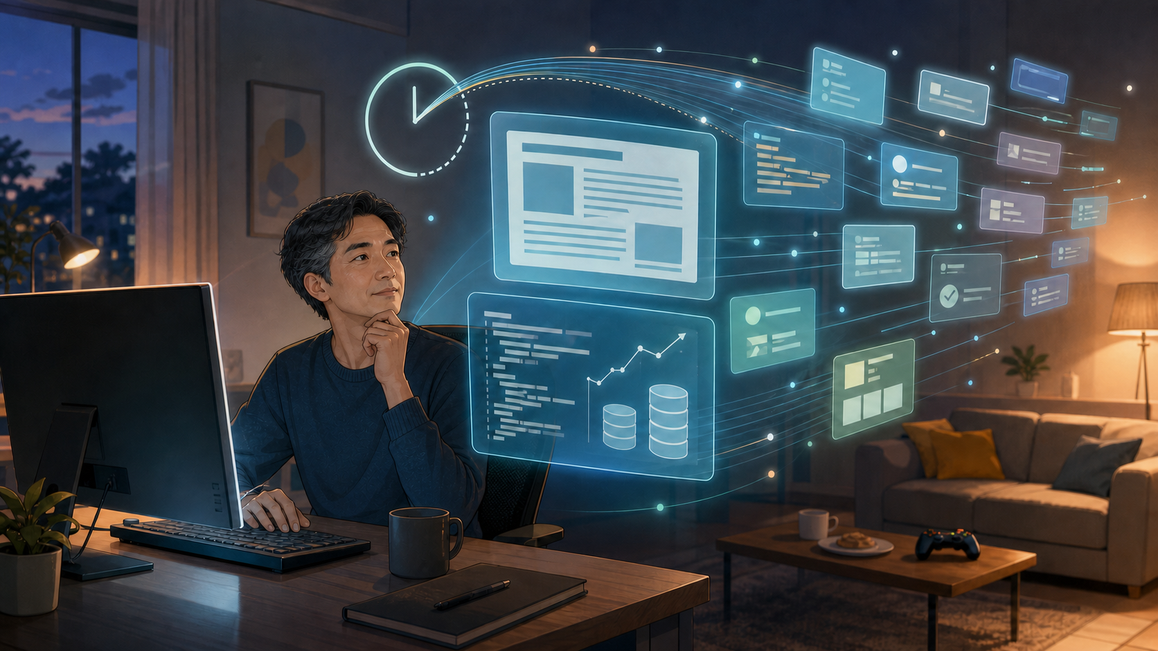 AIで広がる複数の作業画面を前に考える人物と、奥にあるソファやゲームコントローラー