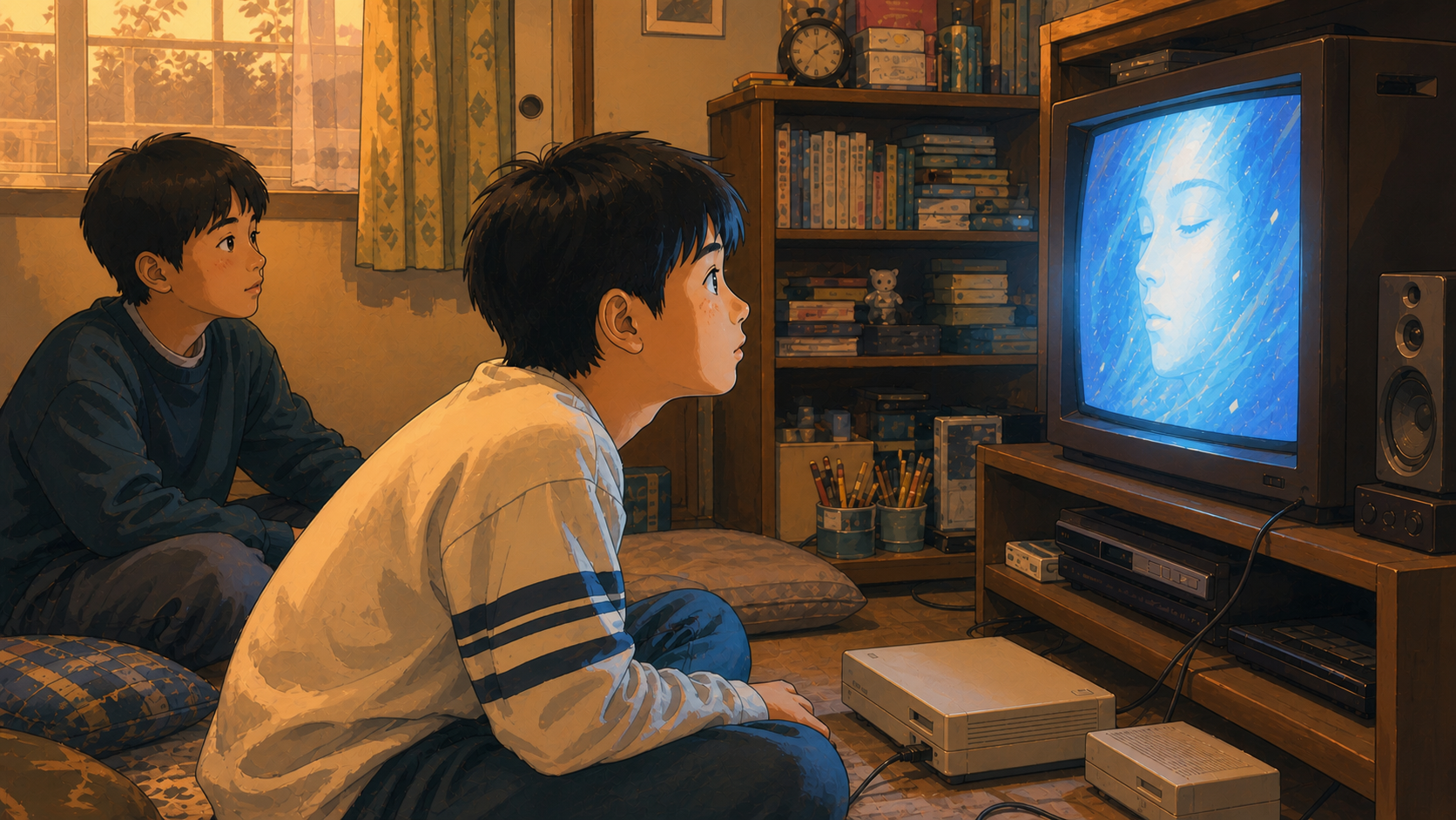 友人の部屋で、ブラウン管テレビの映像に見入り、新しいゲーム体験へ憧れる少年たち