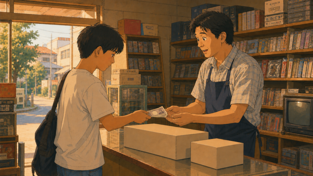 働いて貯めたお金でゲーム機を購入する中学生と、驚いた表情で応じるゲームショップの店員