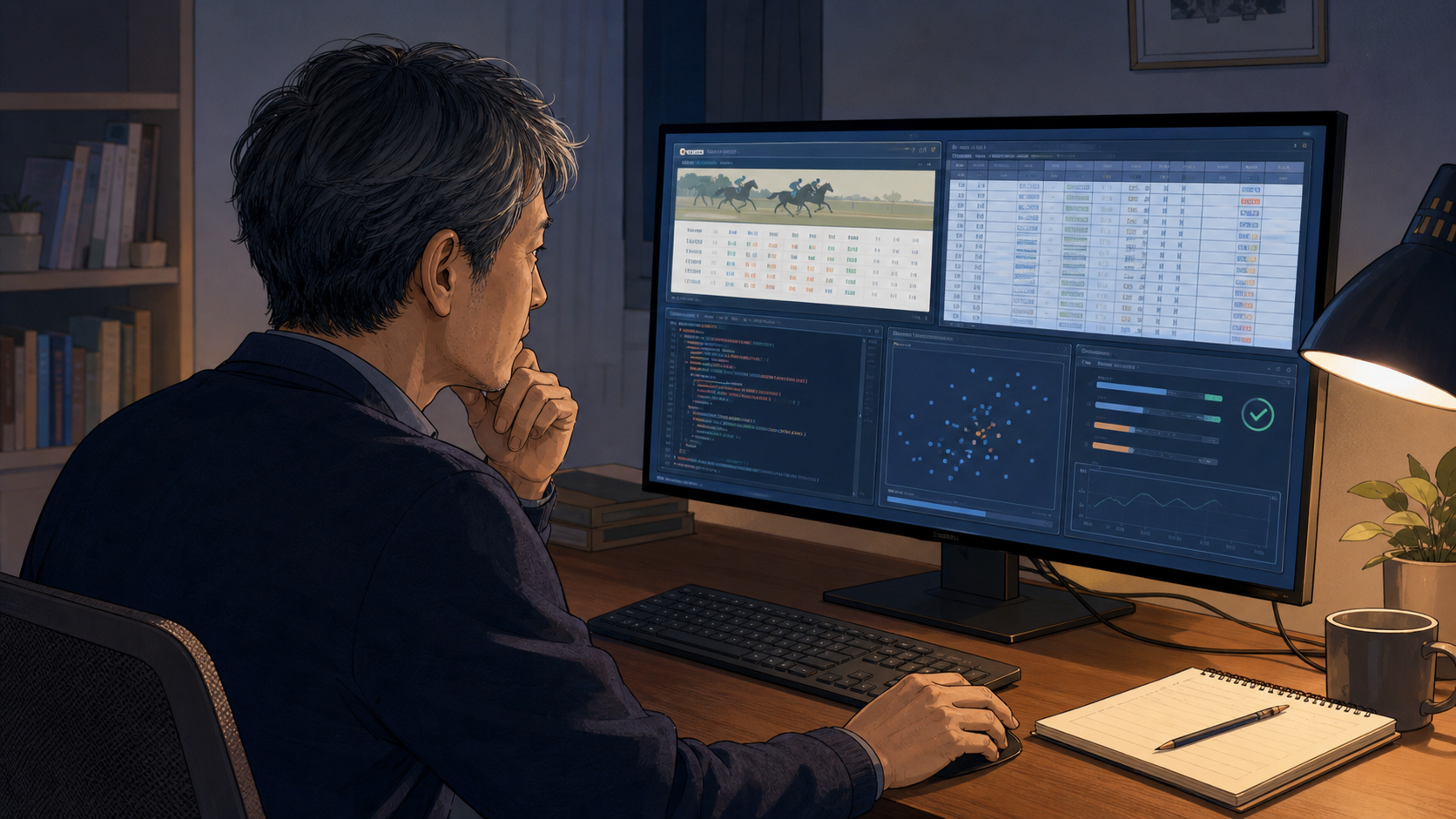 競馬サイトから保存したHTMLを解析し、レース情報と出走馬情報をraces.csvとentries.csvへ分けて整理する技術者のイラスト