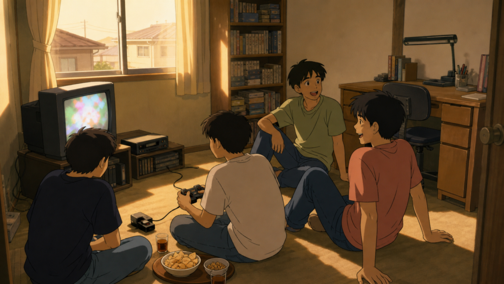 西日の入る2階の部屋で、ブラウン管テレビを囲んでゲームや雑談を楽しむ高校生たち