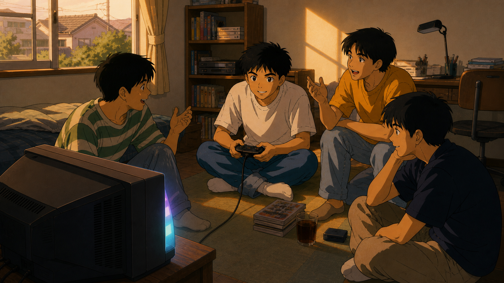 西日の入る部屋で、ブラウン管テレビを囲み、ゲームや会話を楽しむ4人の高校生
