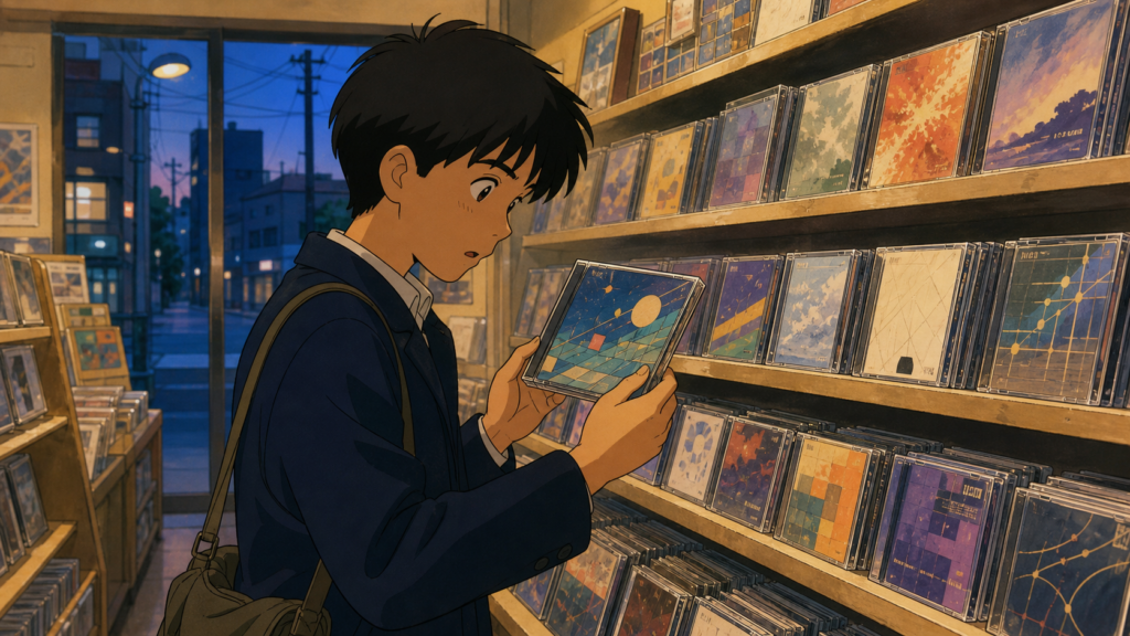 アルバイト帰りのCDショップでサウンドトラックを見つける場面