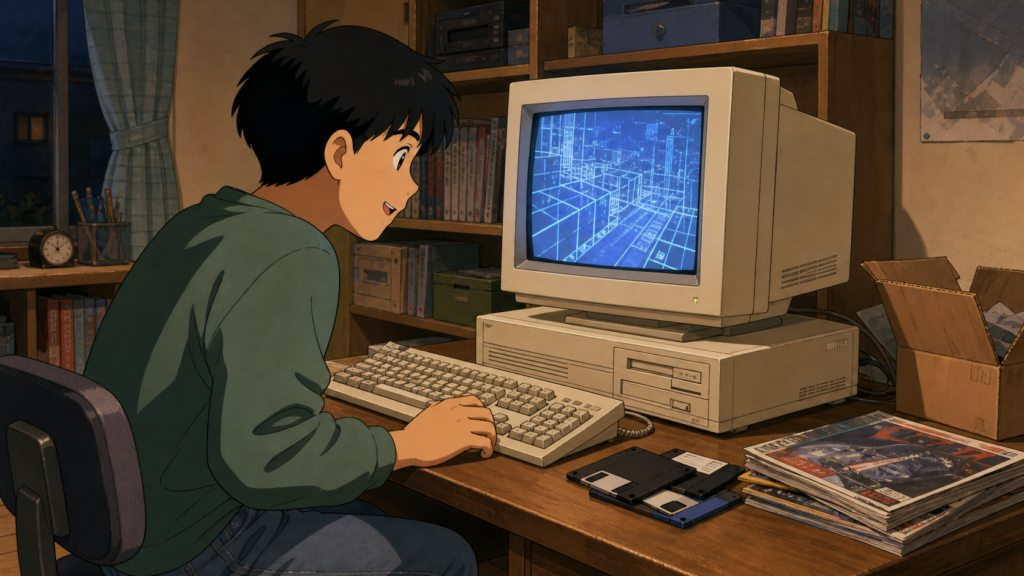 - PC-98風のパソコンを自宅で使える喜びを感じる場面