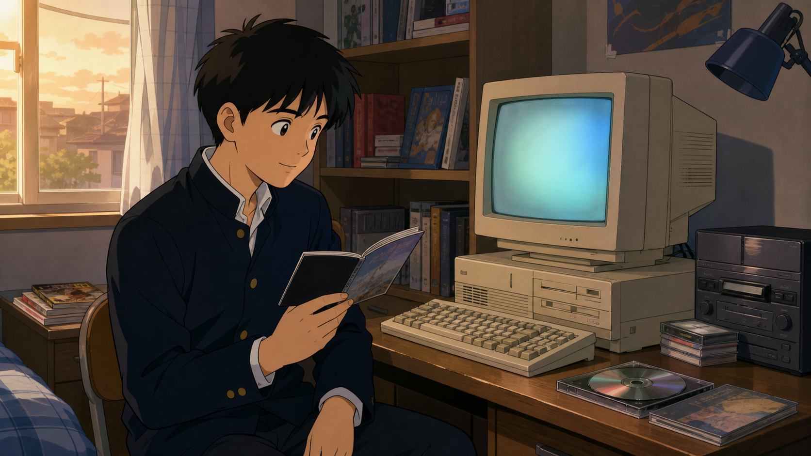 ゲーム音楽CDとPC-98風パソコンが並ぶ高校生の部屋