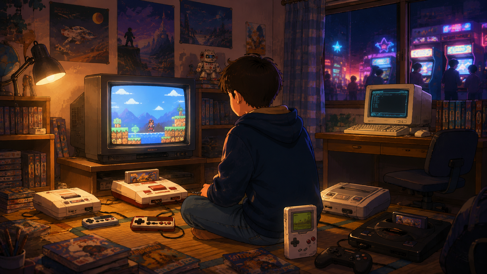 ブラウン管テレビと複数のレトロゲーム機に囲まれた少年の部屋から、パソコンやゲームセンターの光が見える、ゲーム体験の広がりを描いたイラスト