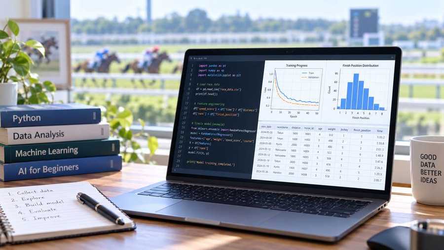 競馬データやコードを見ながら、AI学習の題材を検討する開発環境のイメージ