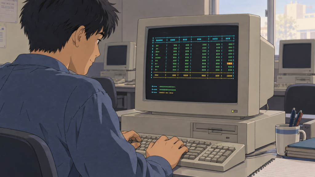 色付きの表計算ソフト風画面を見ながら、プログラミング課題に取り組む学生のイメージ