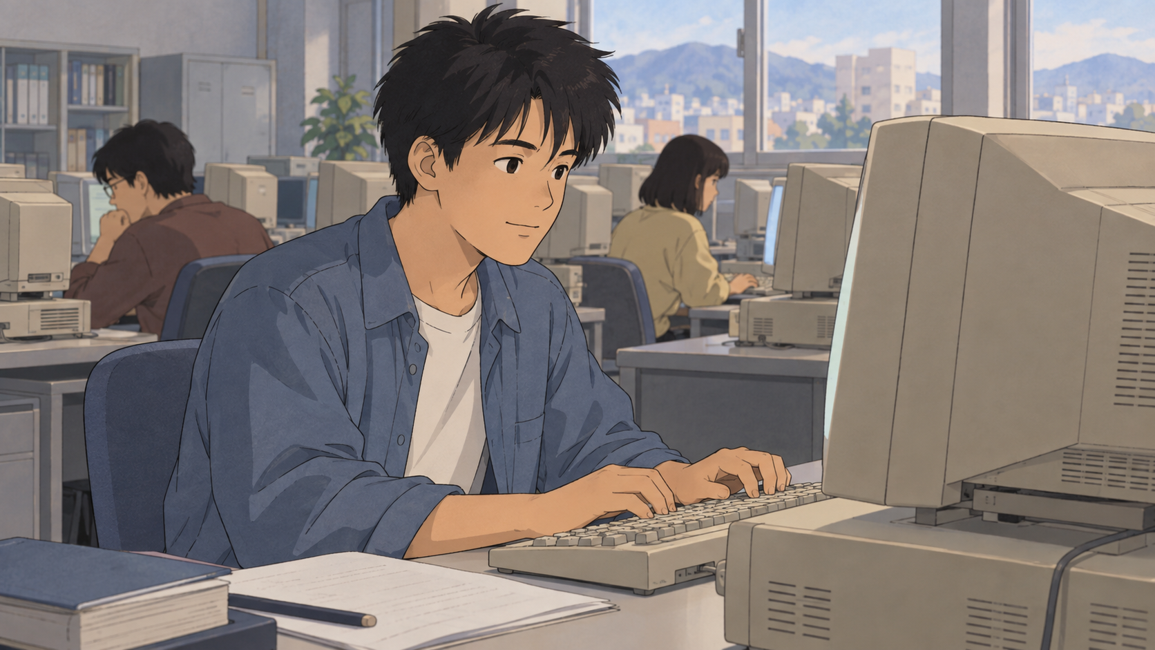 専門学校の実習室で、パソコンに向かい穏やかな表情で課題に取り組む男子学生のイメージ