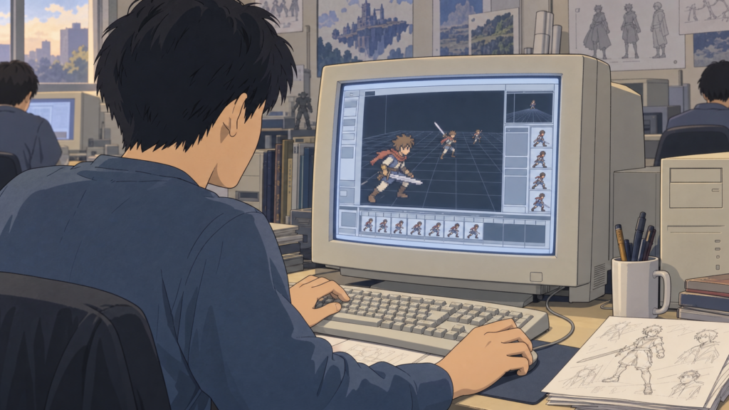 2Dキャラクター画像に奥行きを持たせる自作モーションエディタを操作する学生のイメージ