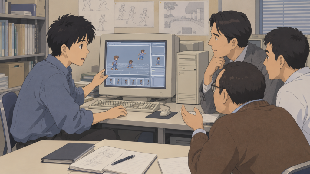 就職作品発表会で、自作エディタについてゲーム業界の人たちへ説明する学生のイメージ
